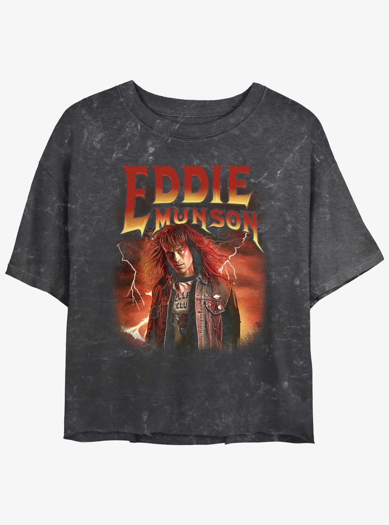 Stranger Things Metal Eddie Munson Mineral Wash Crop Girls T-Shirt, BLACK, hi-res