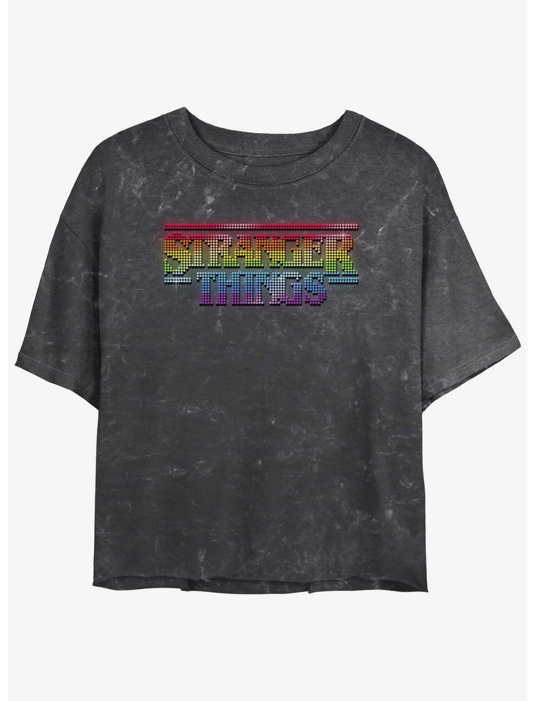 Stranger Things Rainbow Logo Mineral Wash Crop Girls T-Shirt, BLACK, hi-res