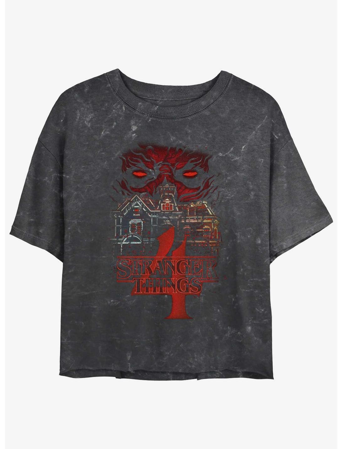 Stranger Things Vecna House Mineral Wash Crop Girls T-Shirt, BLACK, hi-res