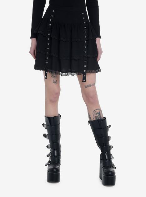 Thorn & Fable Black Lace Grommet Tiered Skirt | Hot Topic