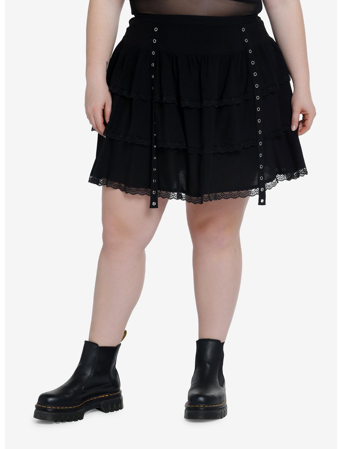 Thorn & Fable Black Lace Grommet Tiered Skirt Plus Size, BLACK, hi-res