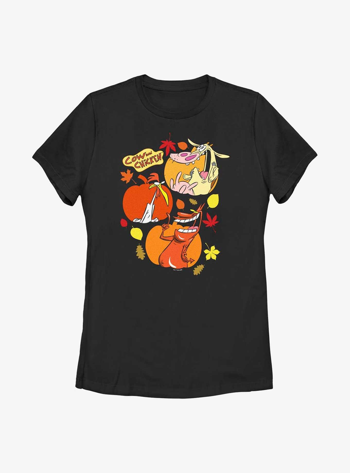 Cow And Chicken Cow And Chicken Pumpkin Portraits Womens T-Shirt, BLACK, hi-res