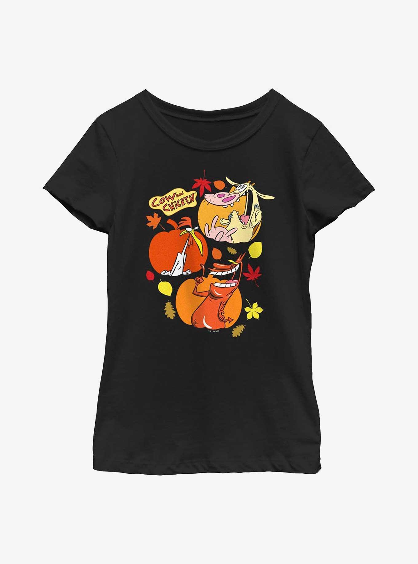 Cow And Chicken Cow And Chicken Pumpkin Portraits Youth Girls T-Shirt, BLACK, hi-res