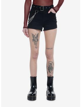 Plus Size Black Denim Chain Belt Girls Shorts, , hi-res