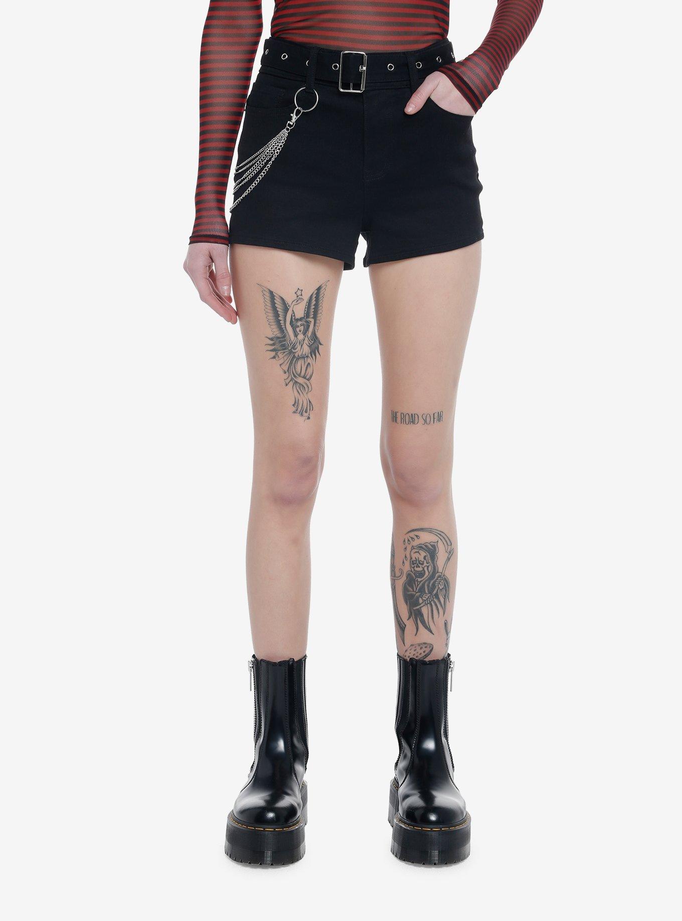 Black Denim Chain Belt Girls Shorts, BLACK, hi-res