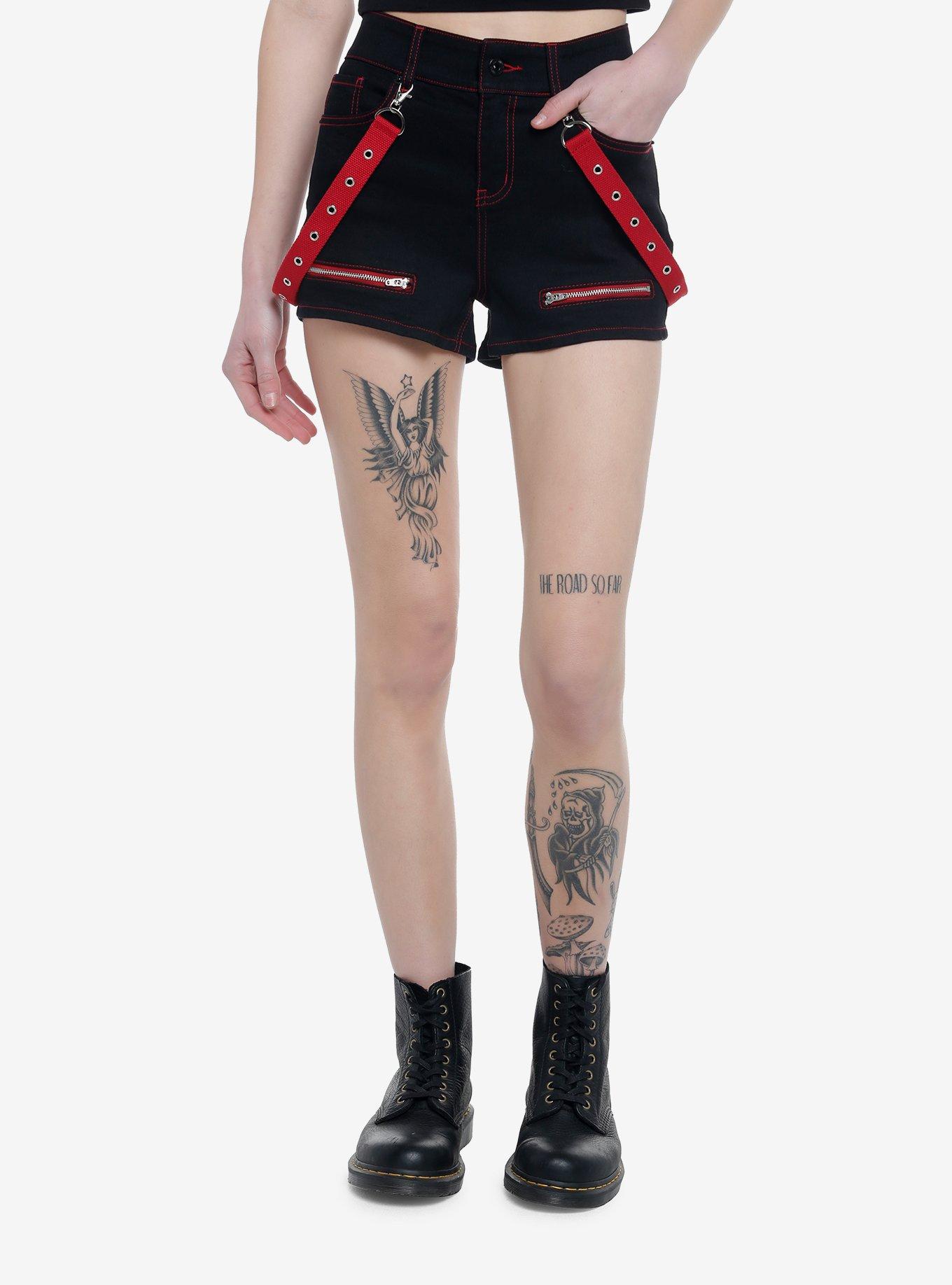 Black & Red Contrast Stitch Suspender Shorts, BLACK  RED, hi-res