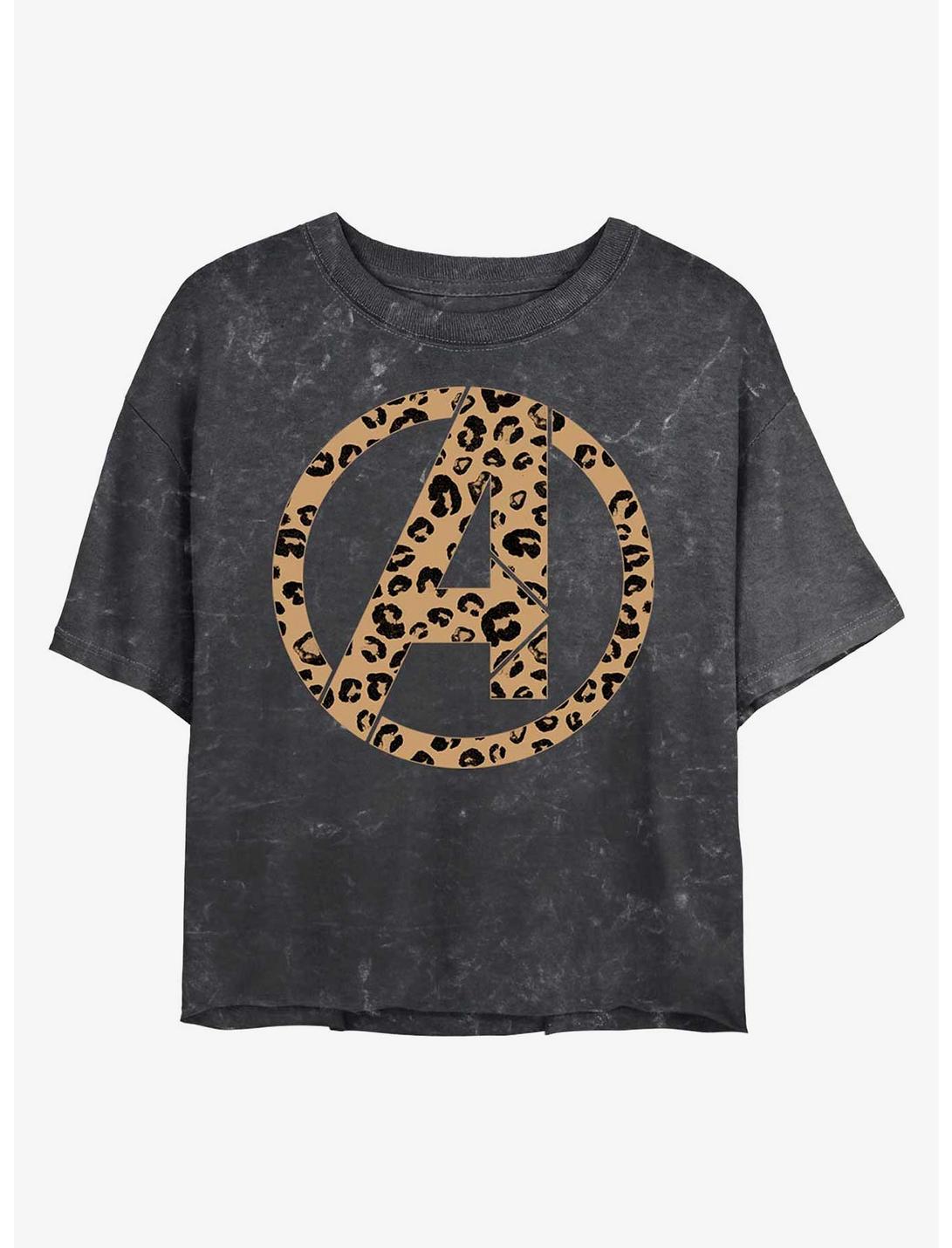 Marvel Avengers Leopard Fill Avengers Logo Mineral Wash Crop Girls T-Shirt, BLACK, hi-res