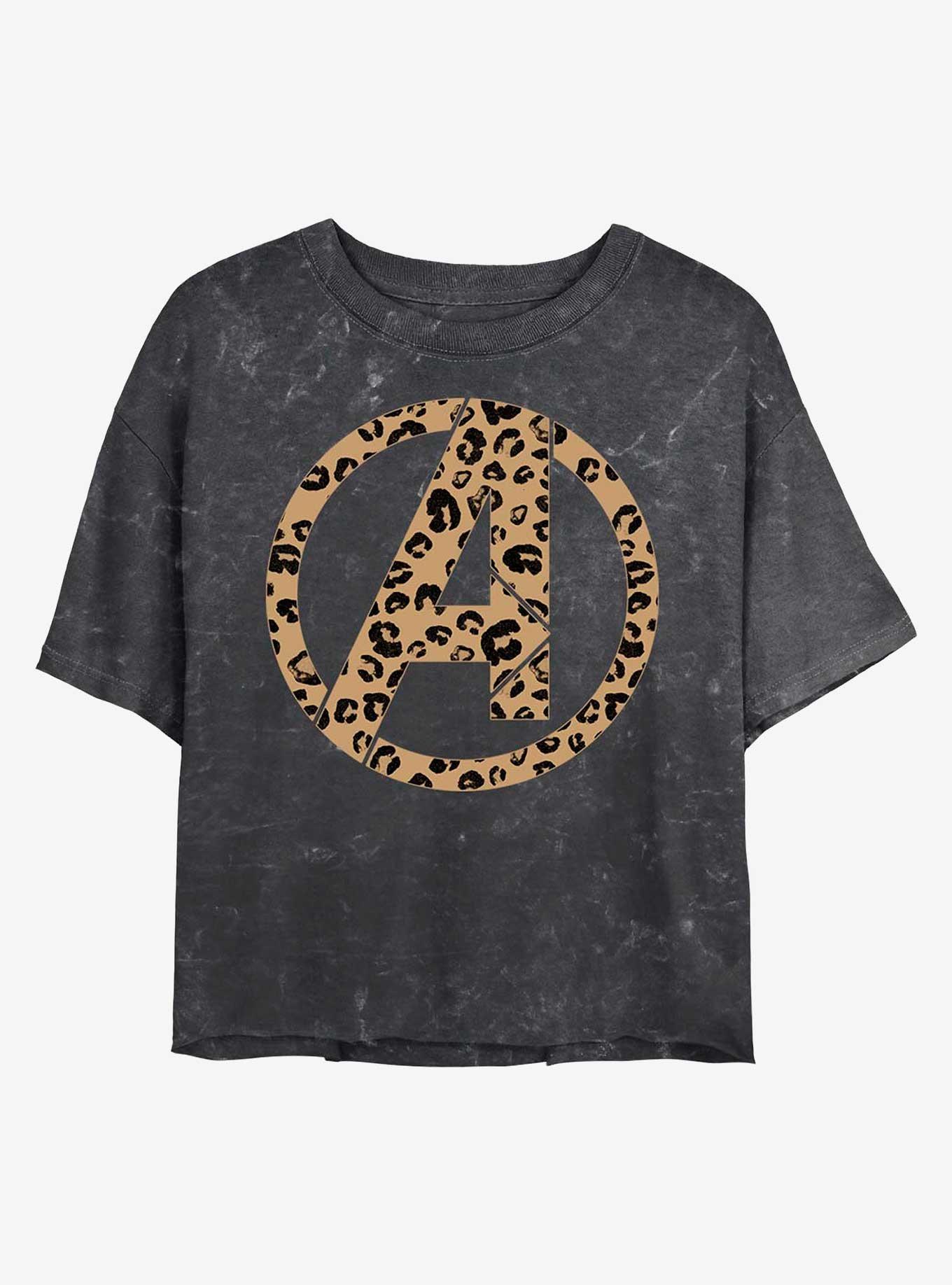 Marvel Avengers Leopard Fill Avengers Logo Mineral Wash Crop Girls T-Shirt, BLACK, hi-res