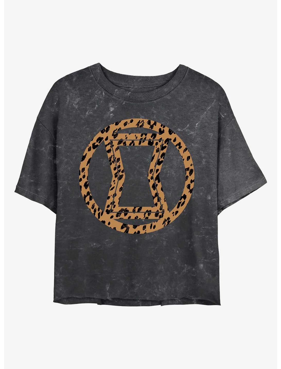 Marvel Black Widow Leopard Fill Widow Logo Mineral Wash Crop Girls T-Shirt, BLACK, hi-res