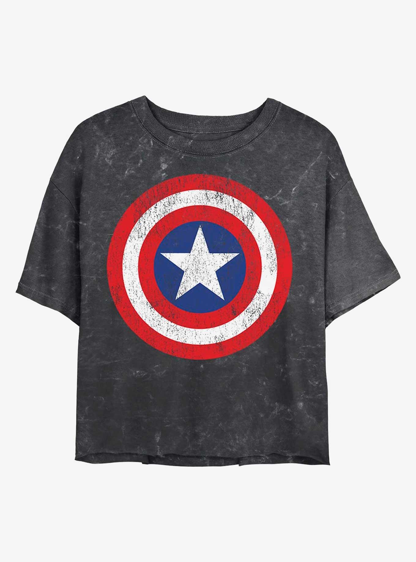 Marvel Captain America Distressed Shield Mineral Wash Crop Girls T-Shirt, BLACK, hi-res