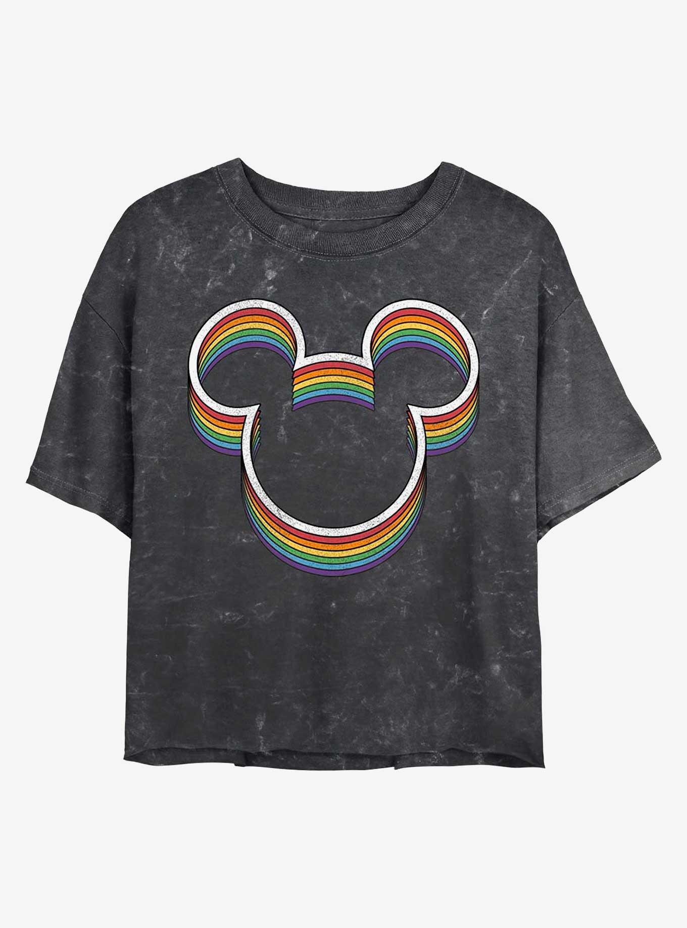 Disney Mickey Mouse Rainbow Ears Mineral Wash Crop Girls T-Shirt, BLACK, hi-res