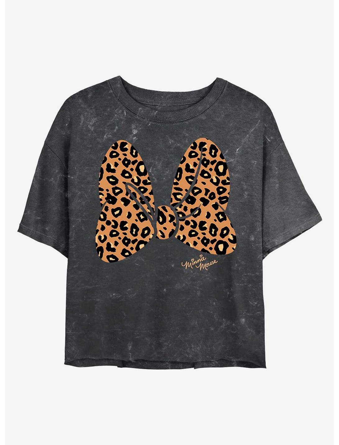 Disney Minnie Mouse Animal Print Bow Mineral Wash Crop Girls T-Shirt, BLACK, hi-res