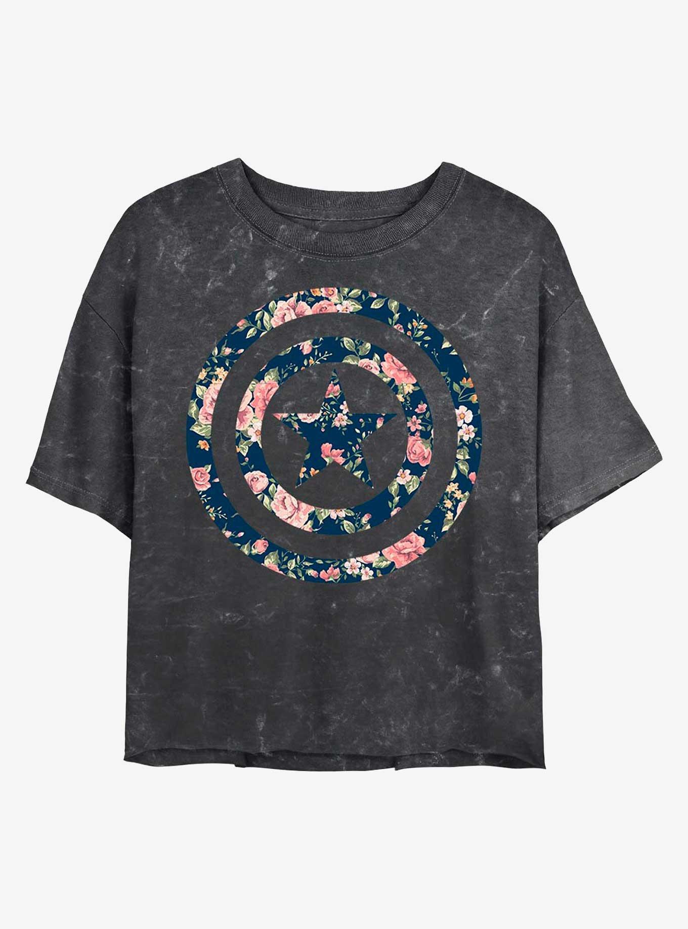 Marvel Floral Shield Mineral Wash Crop Girls T-Shirt, BLACK, hi-res