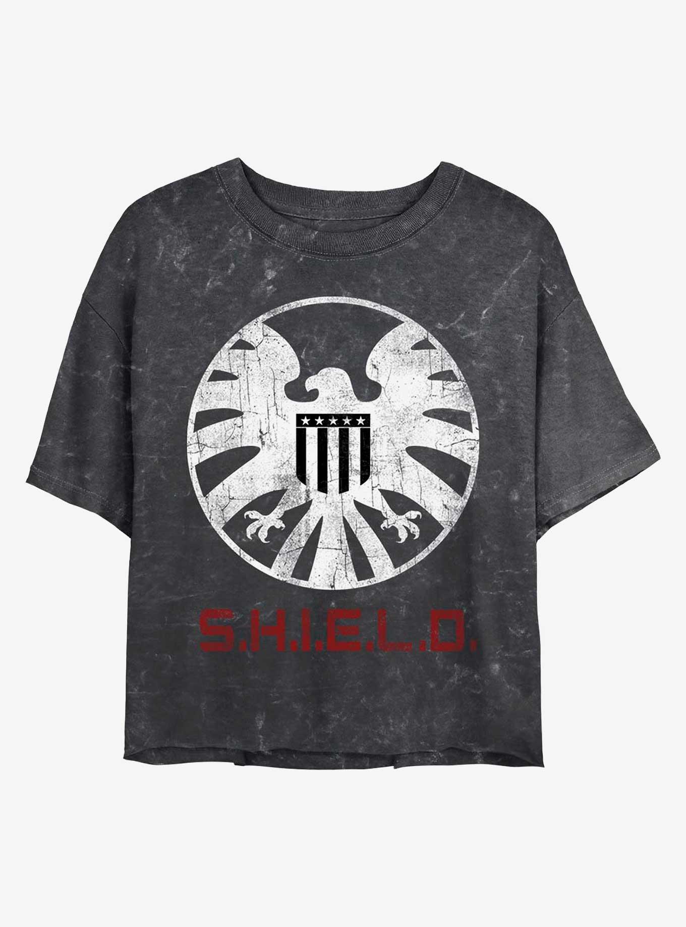 Marvel S.H.I.E.L.D Logo Mineral Wash Crop Girls T-Shirt, BLACK, hi-res