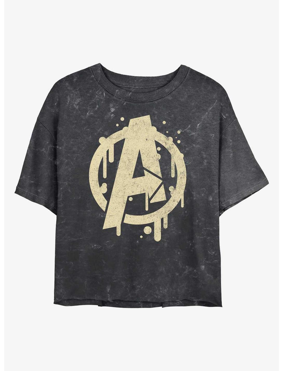 Marvel Avengers Paint Drip Logo Mineral Wash Crop Girls T-Shirt, BLACK, hi-res