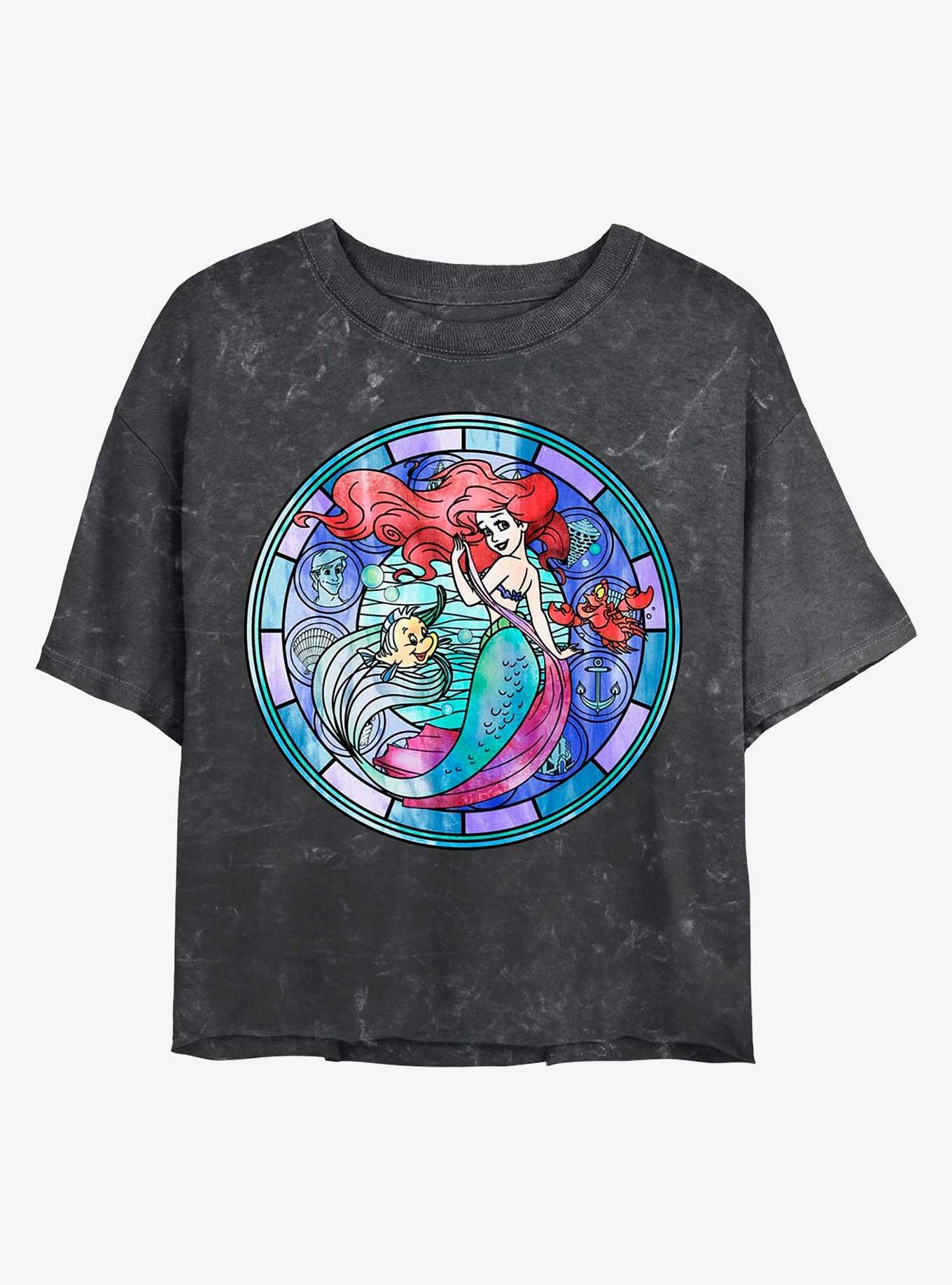 Disney The Little Mermaid Ariel Stained Glass Mineral Wash Crop Girls T-Shirt, BLACK, hi-res