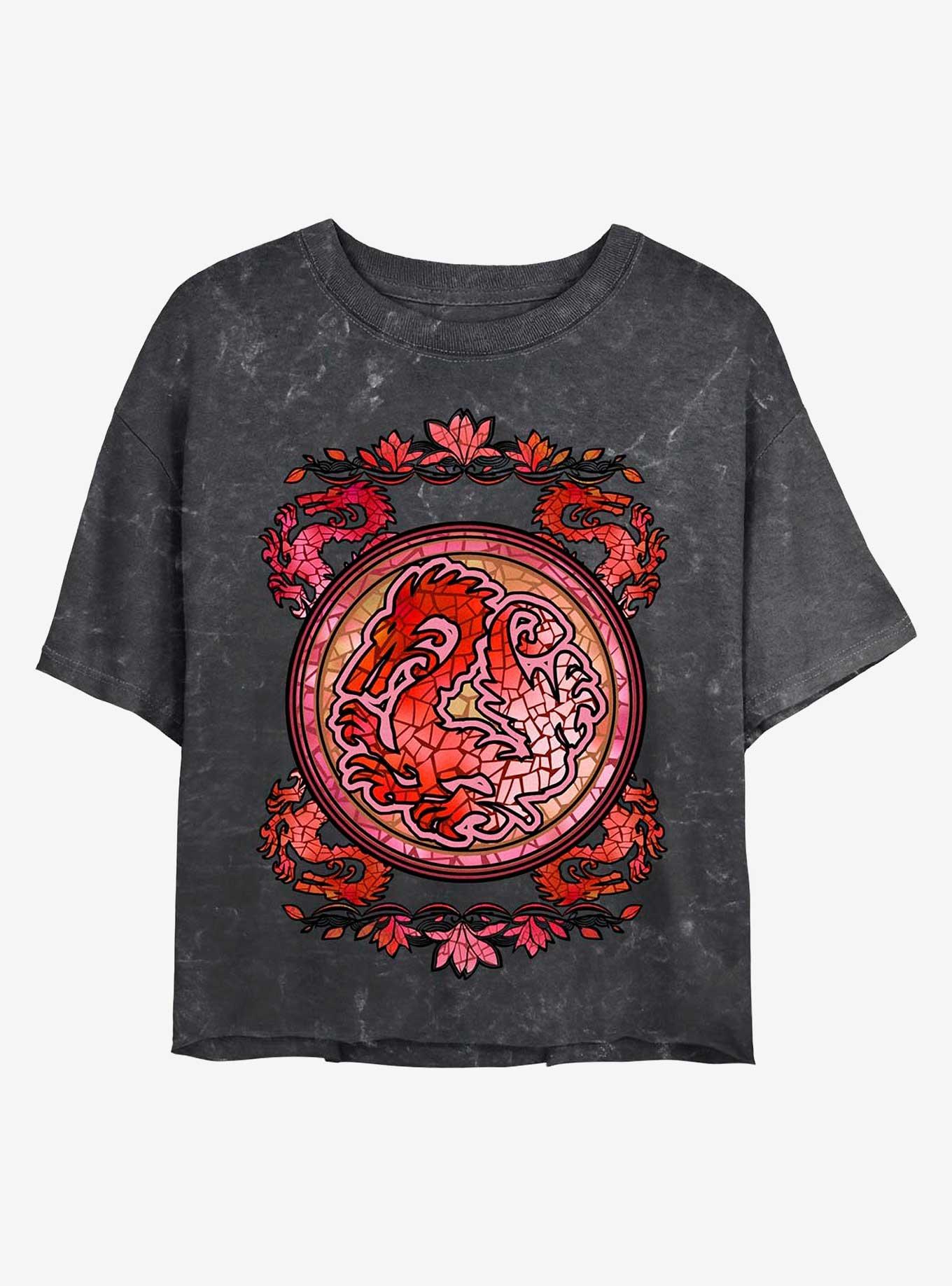 Disney Mulan Mushu Stained Glass Mineral Wash Crop Girls T-Shirt, BLACK, hi-res
