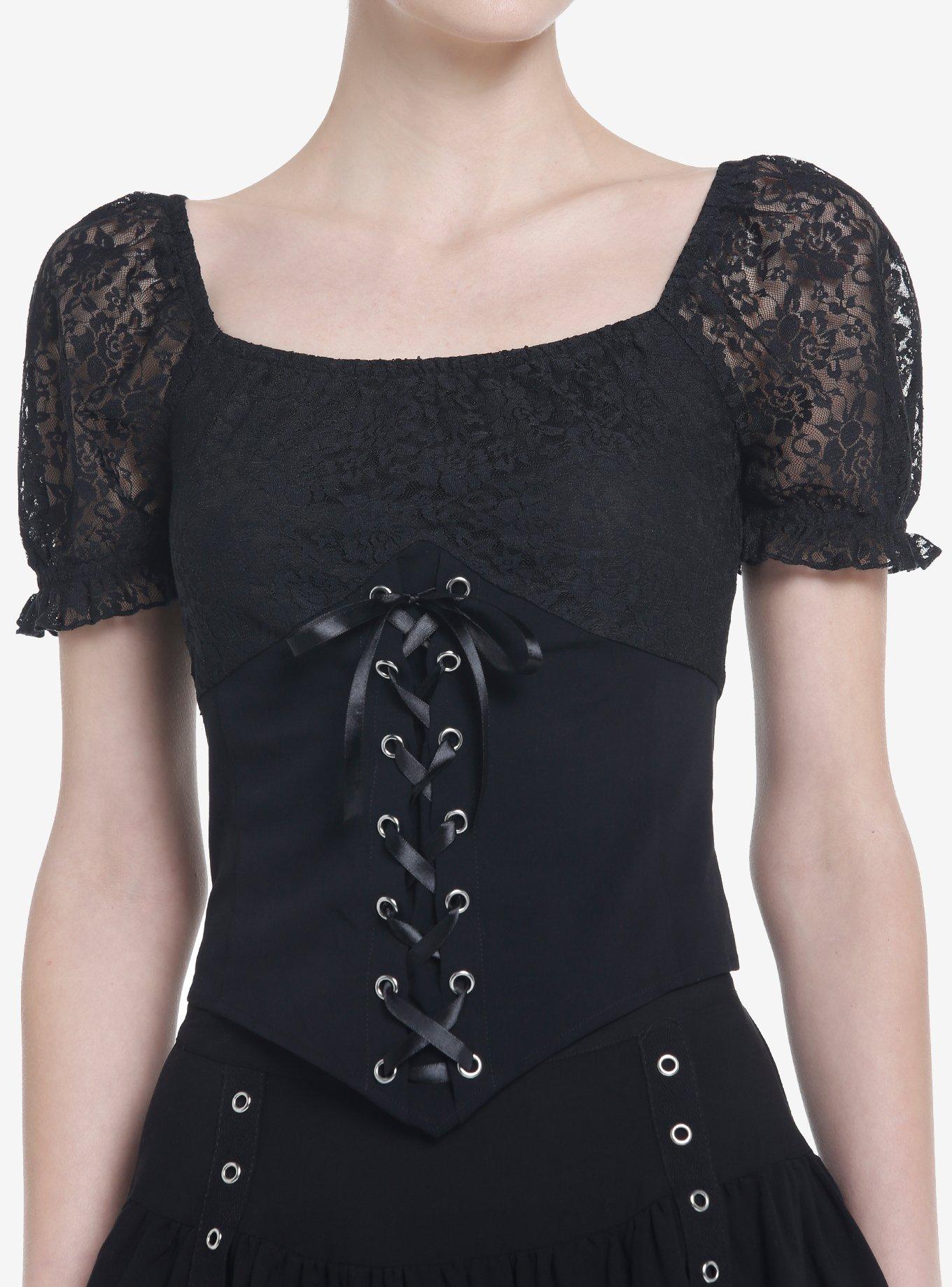 Thorn & Fable Black Lace-Up Pointed Top, BLACK, hi-res