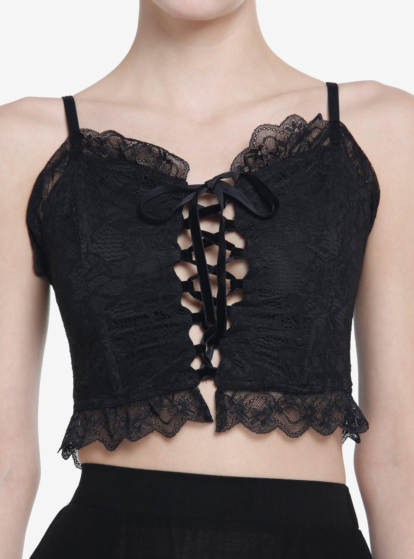 Thorn & Fable Black Lace Corset Crop Cami, BLACK, hi-res