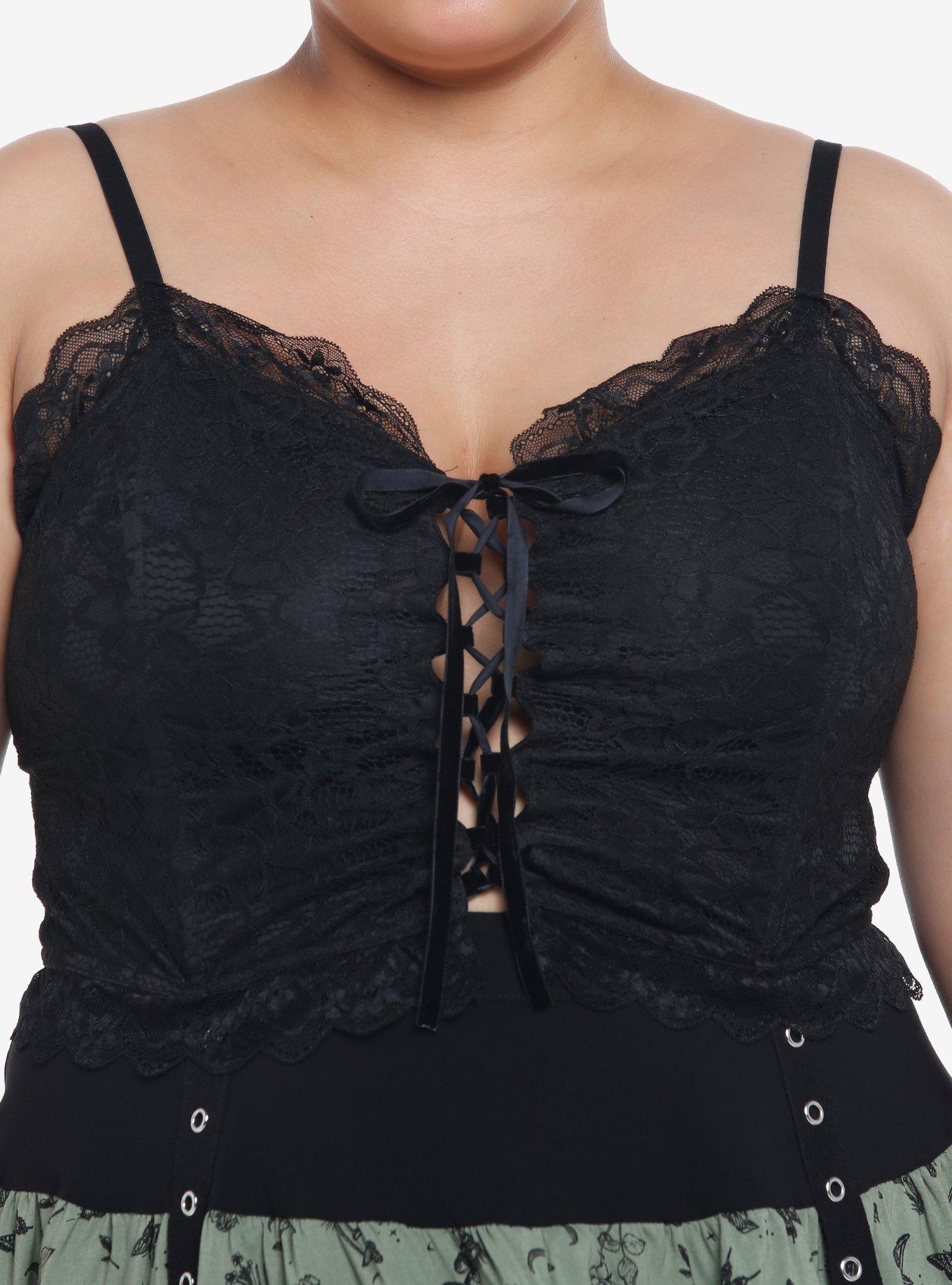 Thorn & Fable Black Lace Corset Crop Cami Plus Size, BLACK, hi-res