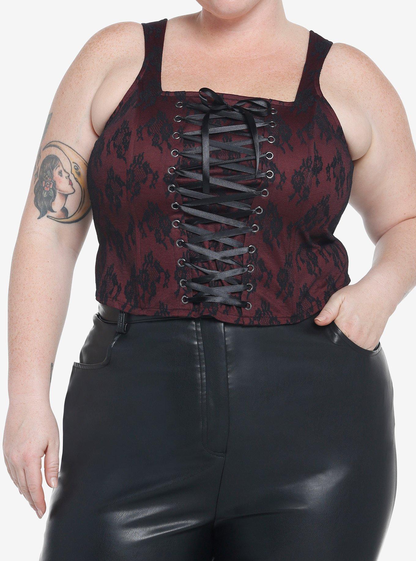 Burgundy & Black LaceUp Corset Top Plus Size Her Universe