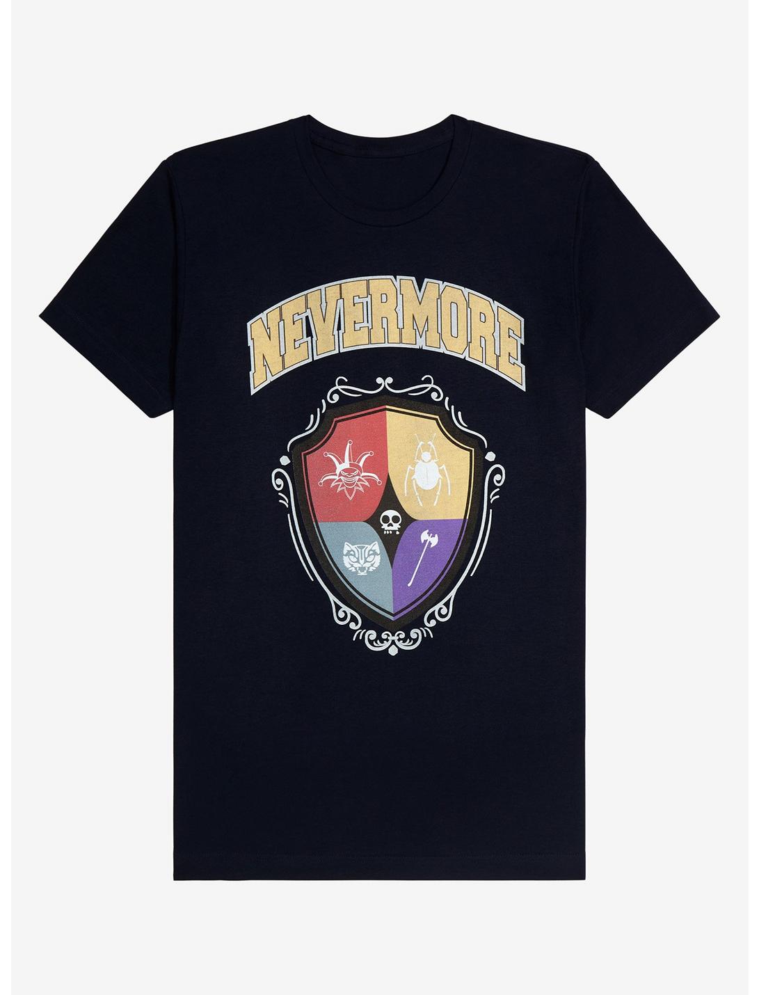 Wednesday Addams Nevermore Academy Crest Women's T-Shirt - BoxLunch Exclusive, NAVY, hi-res