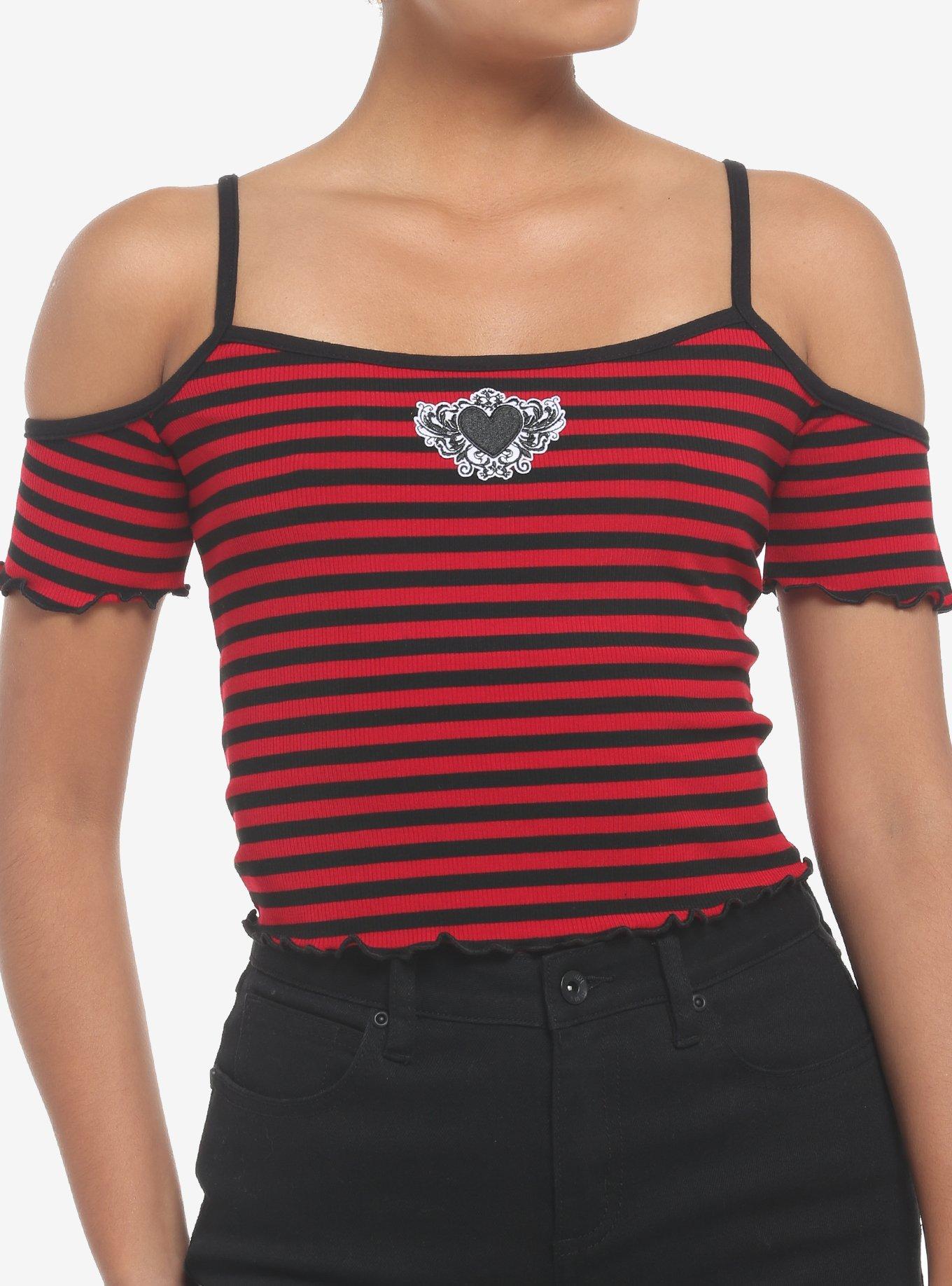 Black & Red Stripe Heart Cold Shoulder Girls Top, STRIPES - RED, hi-res