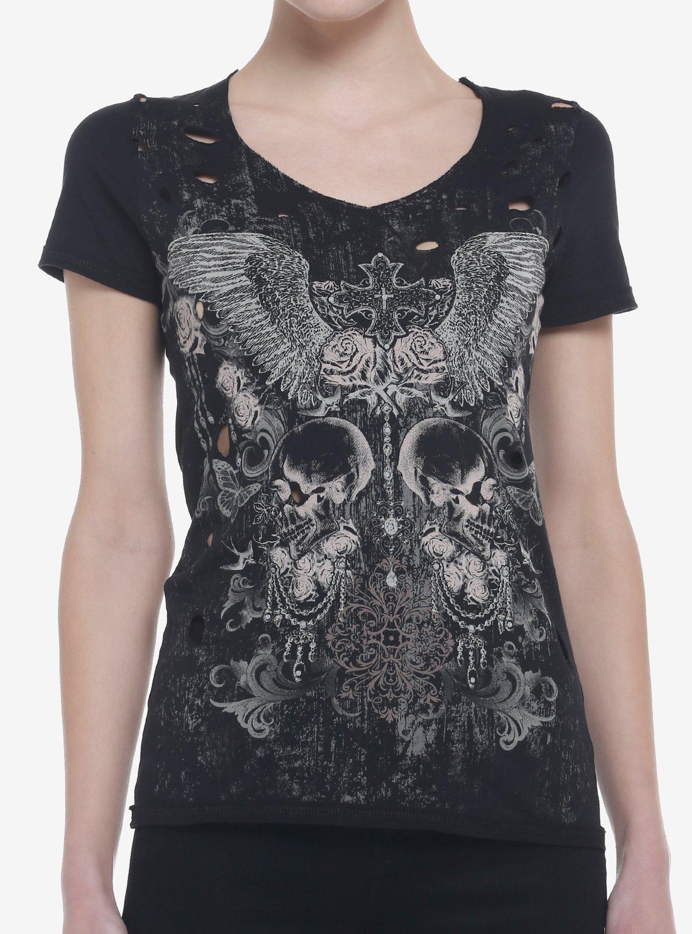 Dark Skull Cross Distressed Girls T-Shirt, BLACK, hi-res