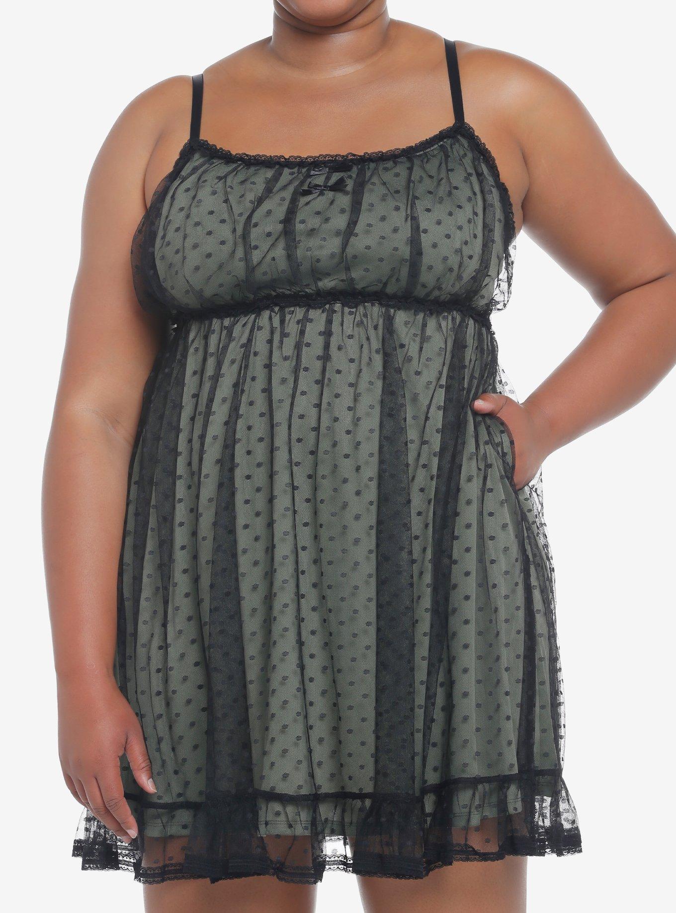 Sage Green Polka Dot Mesh Slip Dress Plus Size, MULTI, hi-res