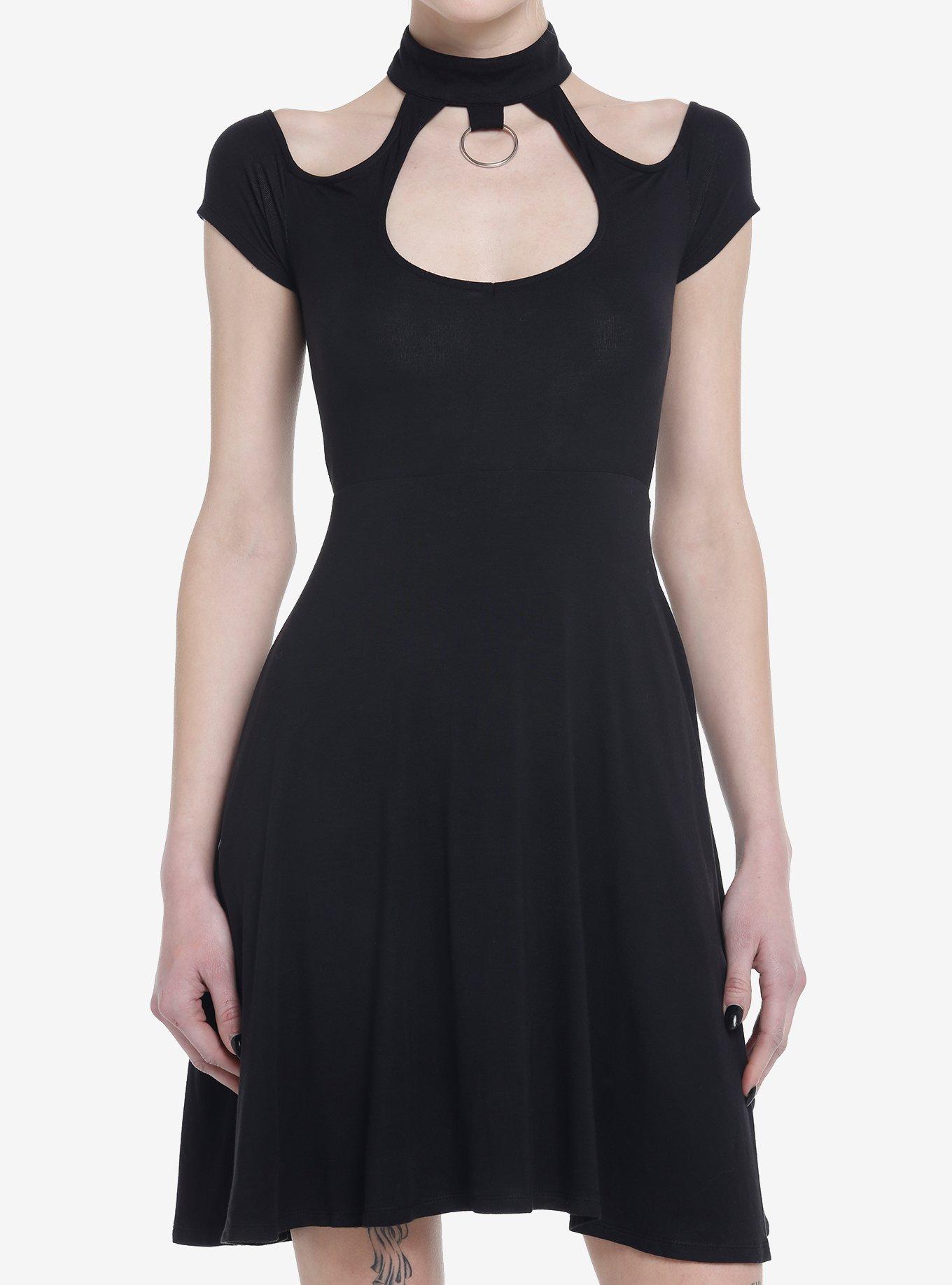 Social Collision Black Choker O-Ring Dress, BLACK, hi-res