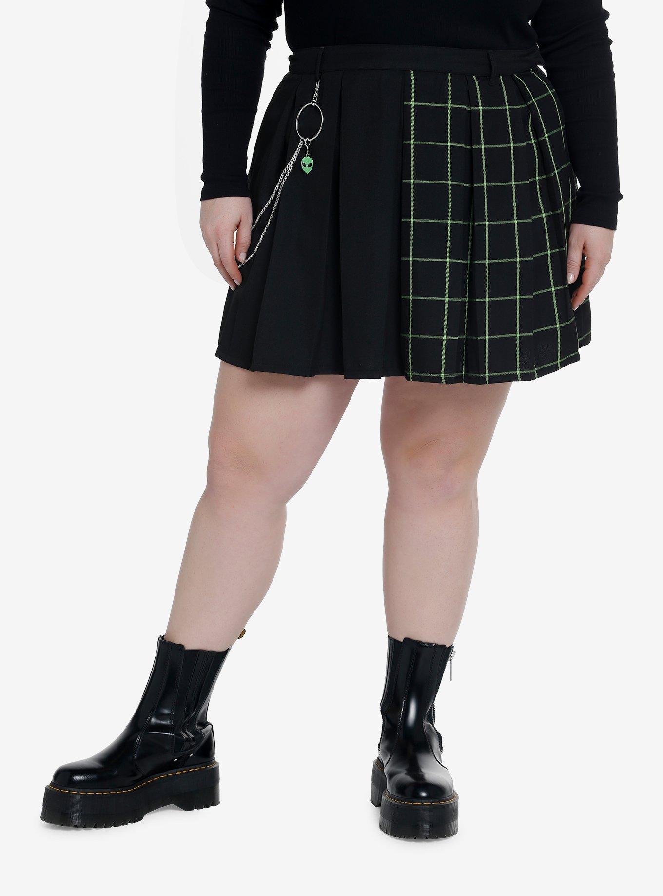 Social Collision Black & Green Grid Split Chain Skirt Plus Size, , hi-res
