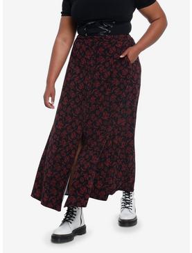 Black & Red Floral Skull Maxi Skirt Plus Size, , hi-res
