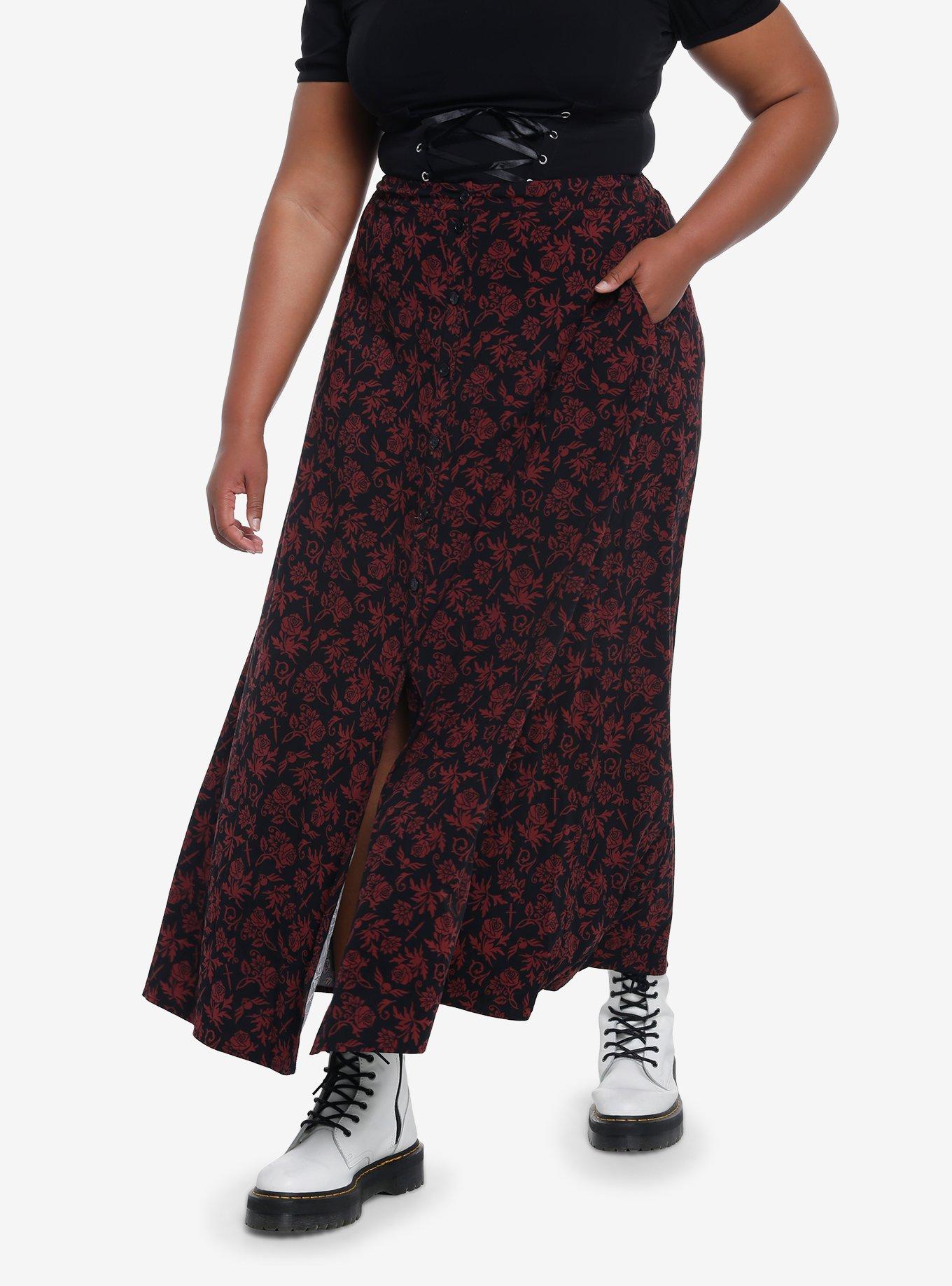 Black & Red Floral Skull Maxi Skirt Plus Size, MODERN SWING, hi-res