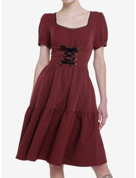 Thorn & Fable Burgundy Lace-Up Tiered Dress, , hi-res