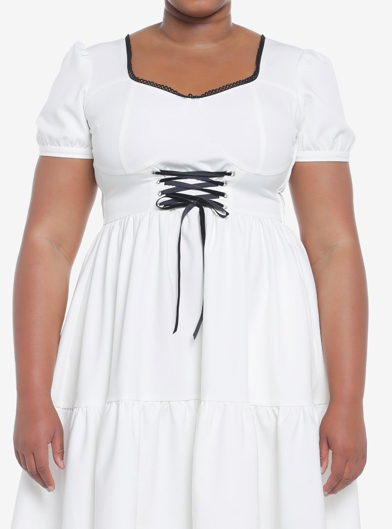 Ivory Corset Tiered Dress Plus Size, BRIGHT WHITE, hi-res