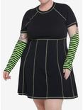 Social Collision Black & Green Contrast Stitch Arm Warmer Dress Plus Size, STRIPE - GREEN, hi-res