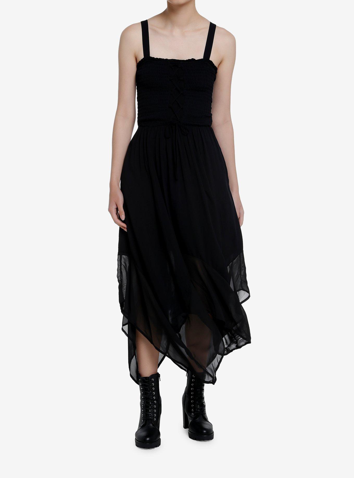 Thorn & Fable Black Lace-Up Hanky Hem Dress, BLACK, hi-res