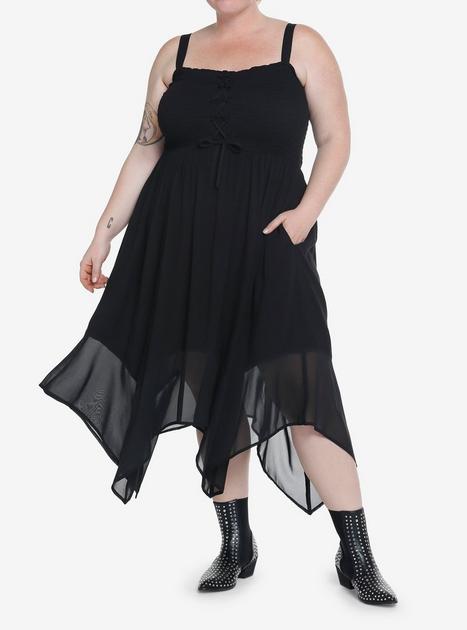 Thorn & Fable Black Lace-Up Hanky Hem Dress Plus Size | Hot Topic