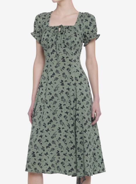 green emerald velvet dress Yumi Green Bird and Floral Print Ruched Waist Kimono Midi Dress main image 0