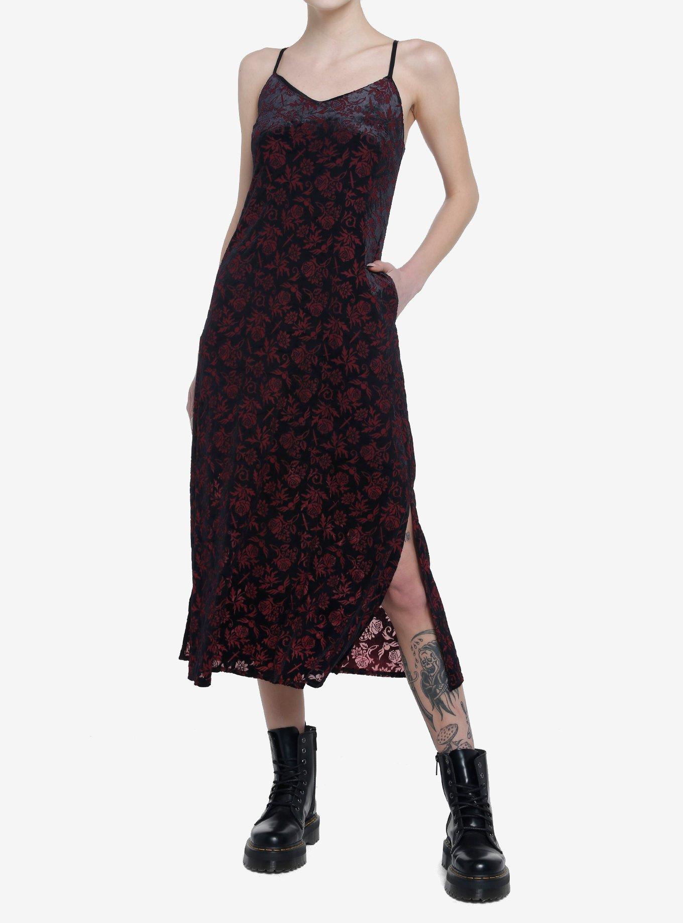 Burgundy Velvet Rose Dagger Maxi Dress, BLACK, hi-res