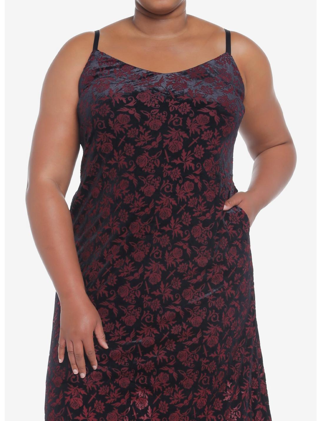 Burgundy Velvet Rose Dagger Maxi Dress Plus Size, BLACK, hi-res
