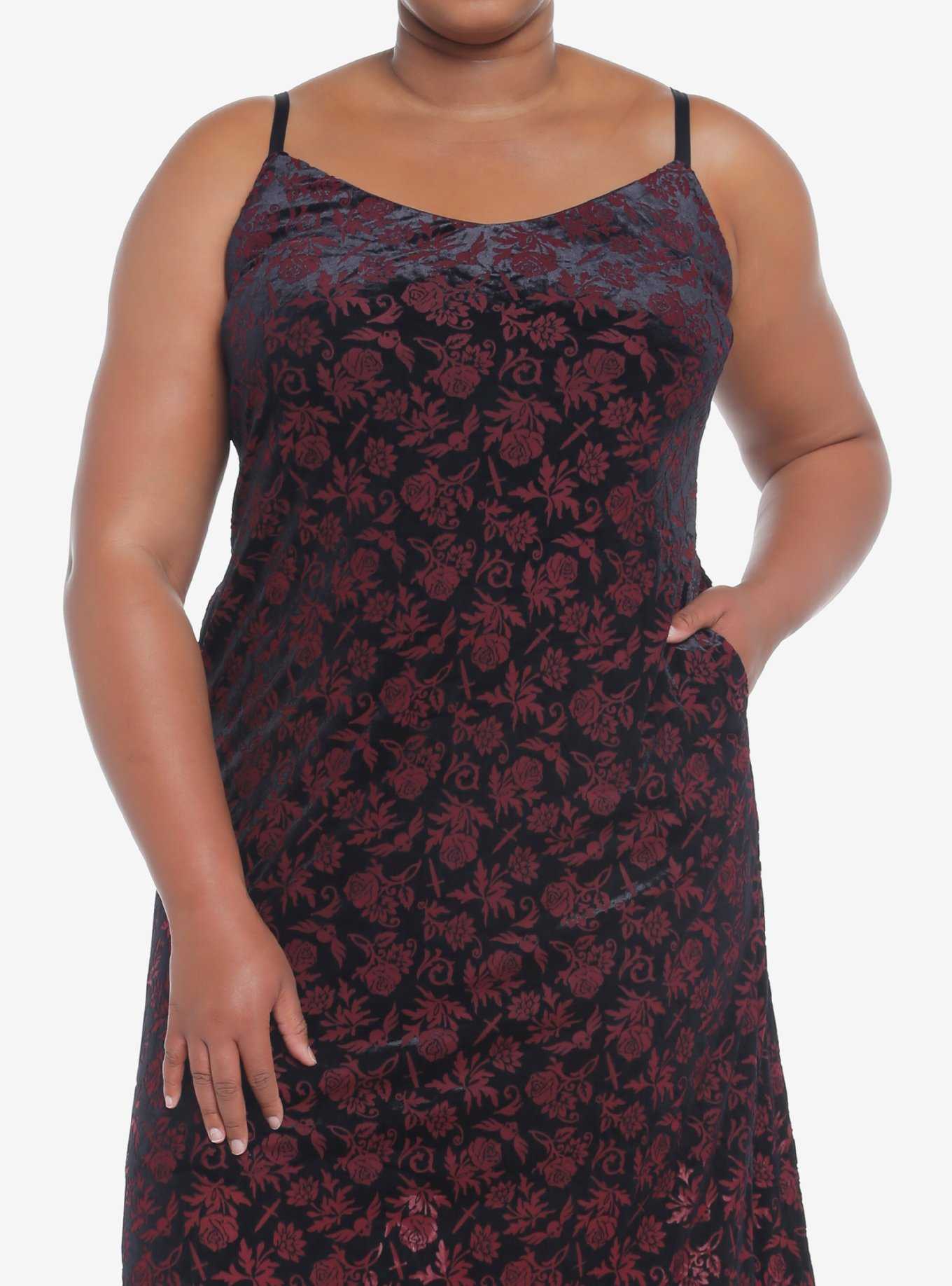 Burgundy Velvet Rose Dagger Maxi Dress Plus Size, , hi-res