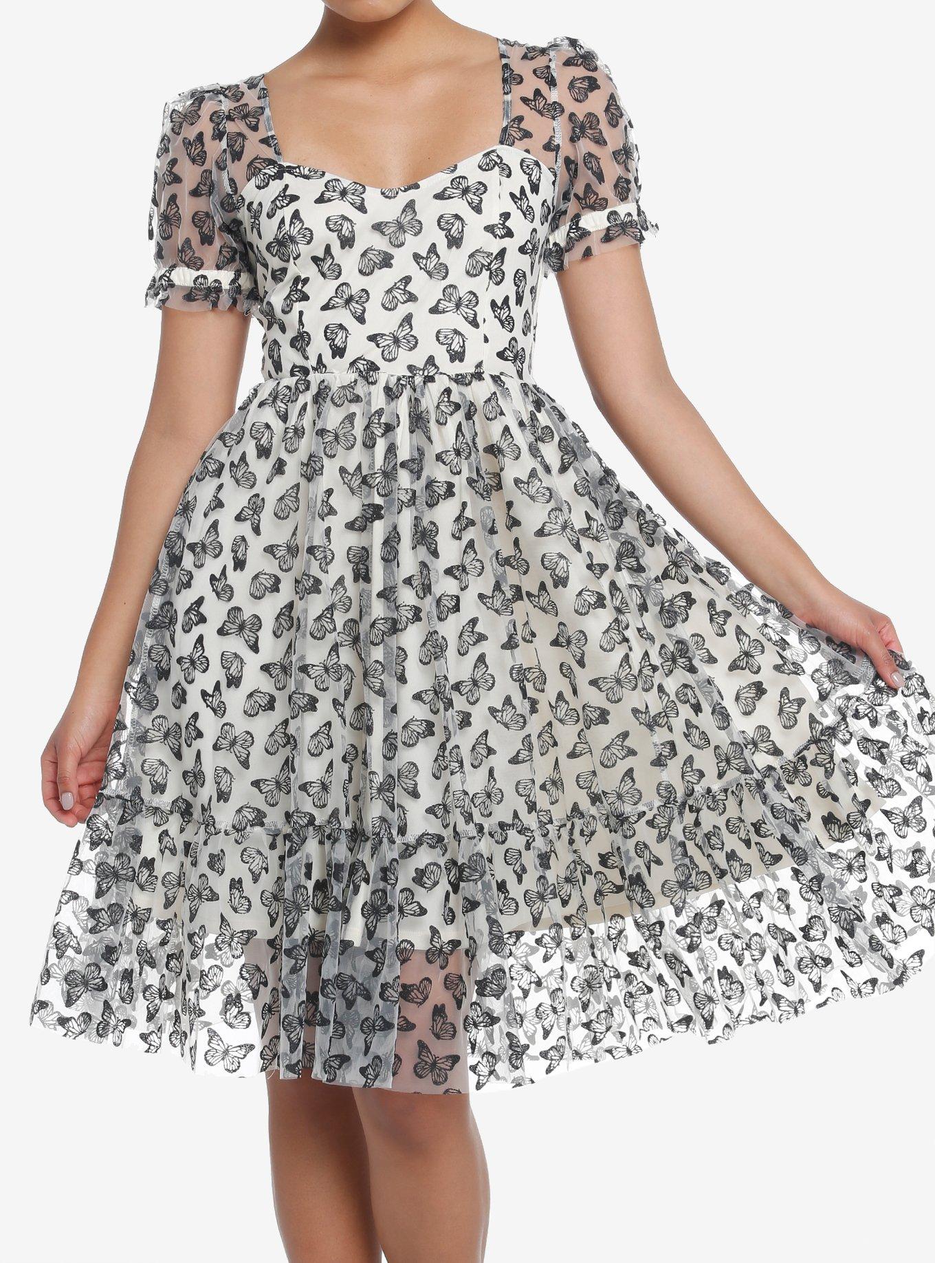 Thorn & Fable Ivory & Black Butterfly Glitter Mesh Dress