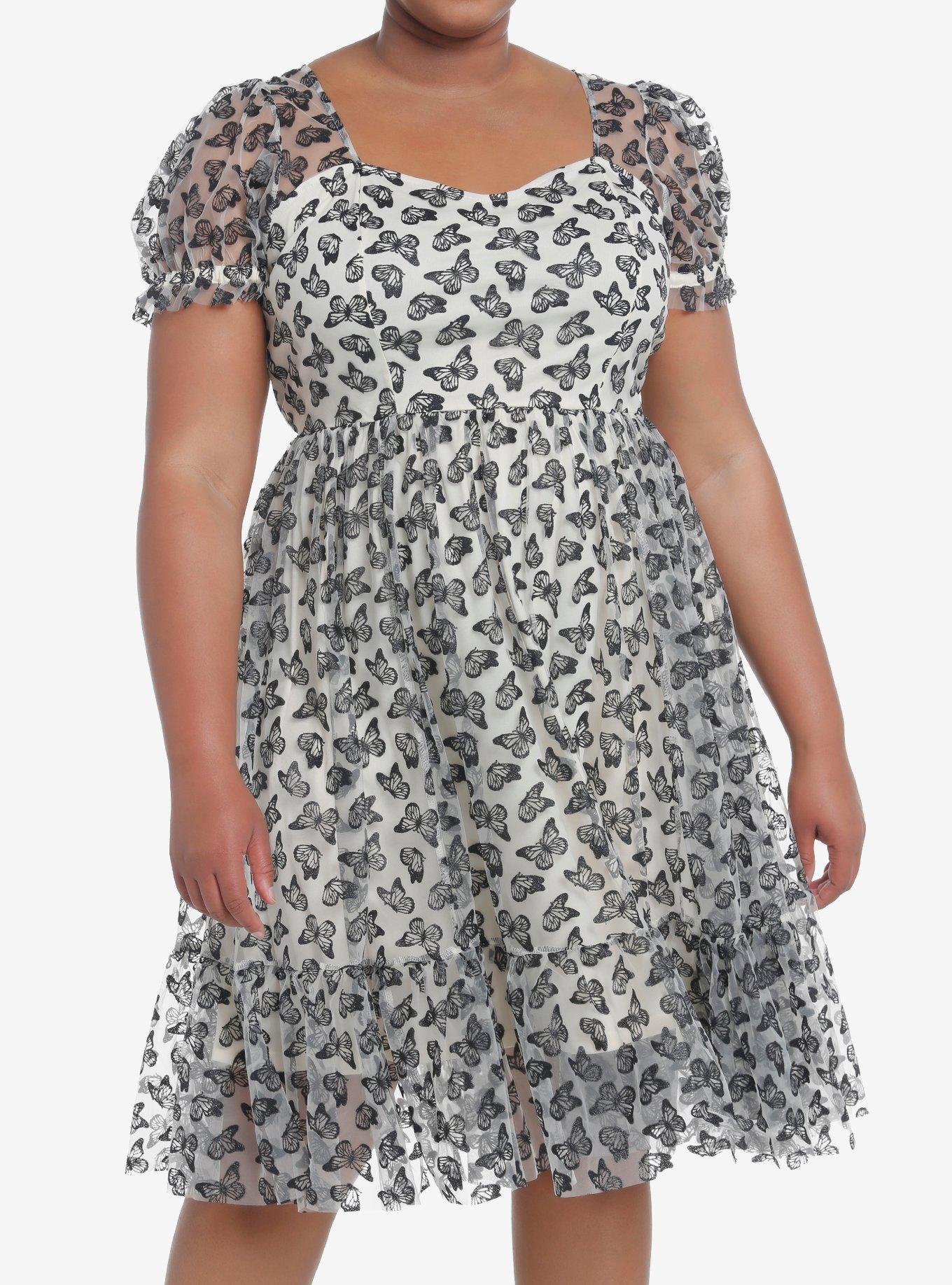Thorn & Fable Ivory & Black Butterfly Glitter Mesh Dress Plus Size, IVORY, hi-res