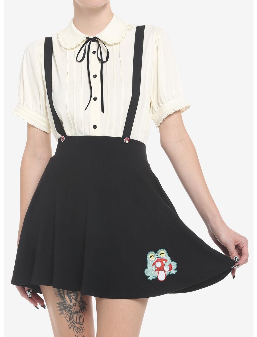 Frog & Mushroom Suspender Skirt, BLACK, hi-res