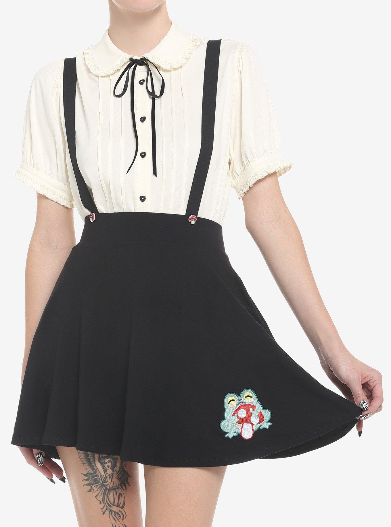 Frog & Mushroom Suspender Skirt, BLACK, hi-res