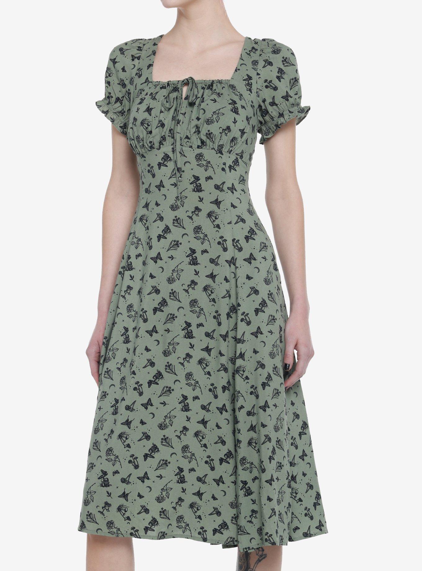 Green Butterfly Mushroom Empire Midi Dress, MULTI, hi-res