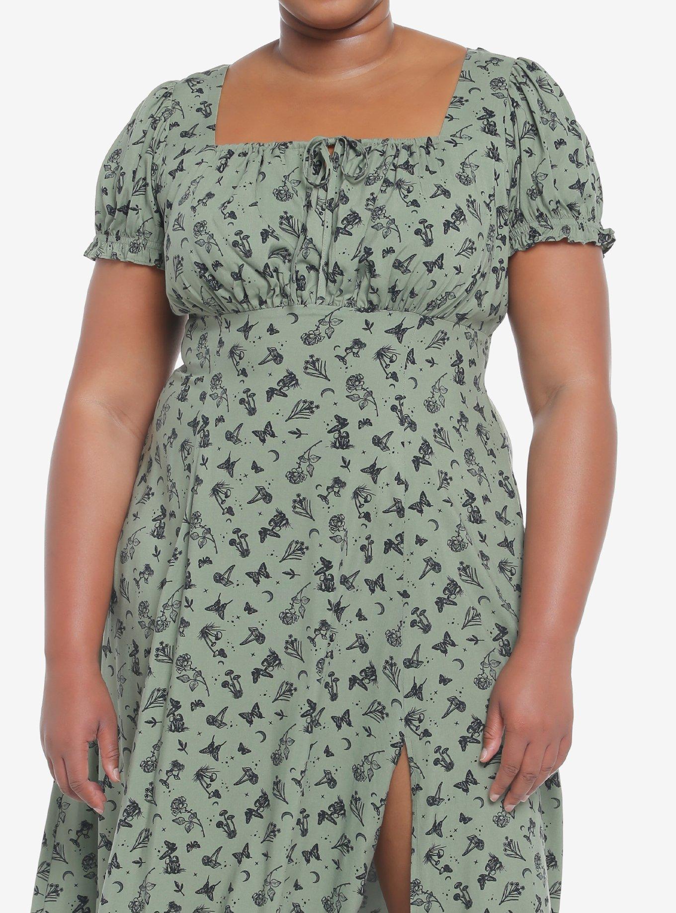Green Butterfly Mushroom Empire Midi Dress Plus Size, MULTI, hi-res