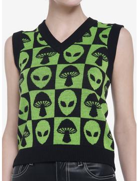 Green Alien Mushroom Checkered Girls Sweater Vest, , hi-res
