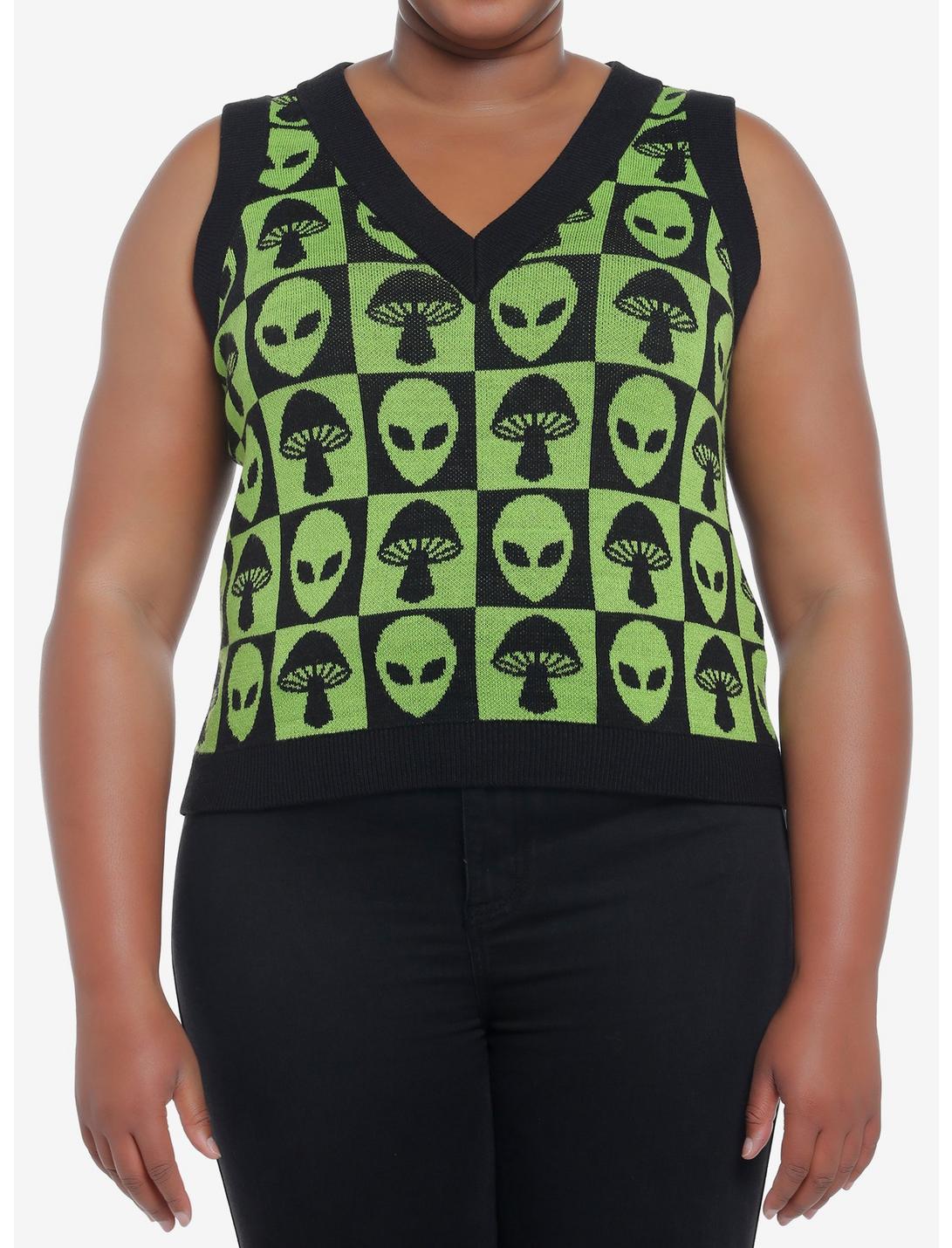 Green Alien Mushroom Checker Girls Sweater Vest Plus Size, BLACK, hi-res
